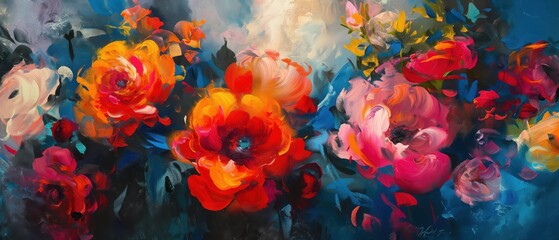 Obraz premium Vibrant impasto floral painting with bold hues and dynamic brushstrokes