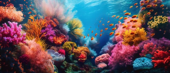 Naklejka premium Vibrant underwater coral reef ecosystem with schools of fish