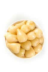 Pickled Rakkyo Japanese Pearl Onions in White Bowl on Clean Background