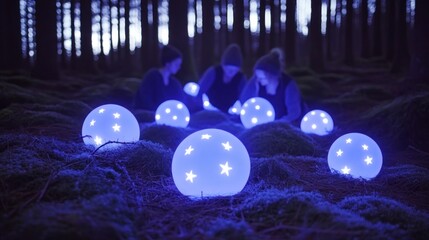 Enchanting luminous sphere orbs with star patterns illuminate a magical forest setting with three