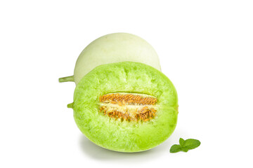 Fresh Jade Melon Halves with Green Flesh on White Background - Shandong Fruit
