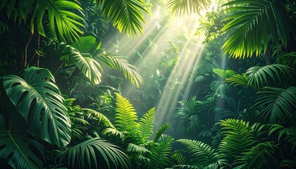 Naklejka premium Sunbeams stream through the dense canopy, illuminating the vibrant green foliage of a lush and wild tropical rainforest