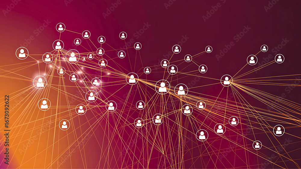 Poster abstract representation of a digital social network with interconnected user icons on a vibrant back