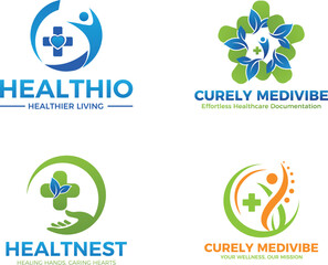 Set of Four Unique Medical and Healthcare Logos, Health and Wellness Branding Collection, Healing Hands and Caring Hearts Logo Concepts, Modern Health medical, healthcare, logo, set, collection
