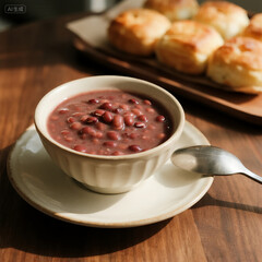 Red Bean Paste Dessert in Ceramic Bowl – Traditional Asian Sweet Food Photography