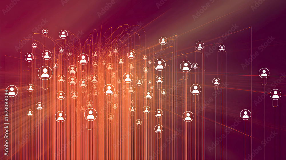Poster conceptual illustration of a futuristic digital network connecting people, representing global commu