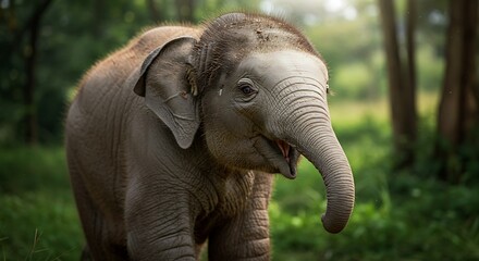 Fototapeta premium A young elephant calf stands in a lush green forest, its trunk slightly raised and mouth open, possibly vocalizing or exploring.