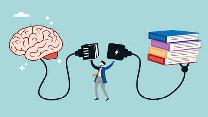 read books to learn new lessons, literature or intelligence information, improve literacy and numeracy skills, businessman connect plug with stack of book with human brain concept vector illustration
