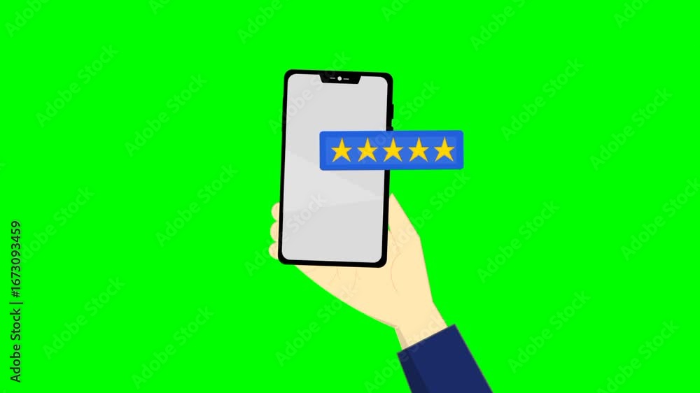 Poster customer review animation concept with hand holding smartphone and five star rating. satisfaction fe
