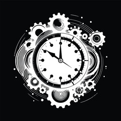 Black and White Clock with Gear Symbol