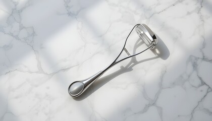 Fototapeta premium Shiny eyelash curler on marble creates polished beauty routine aesthetic for effortless elegance