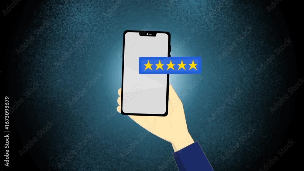 Poster customer review animation concept with hand holding smartphone and five star rating. satisfaction fe