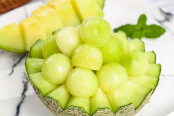 Fresh Honeydew Cantaloupe Melon Balls Ice Cream Sweet Fruit Dessert Light Background