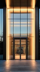 A large building with a glass door and a clock
