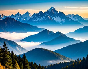 Obraz premium Panoramic view of a majestic mountain range at sunrise, layers of mountains and clouds creating depth and serenity