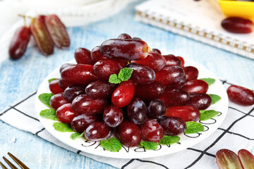 Fresh Red Grapes with Mint Leaves on White Plate - Healthy Fruit Display