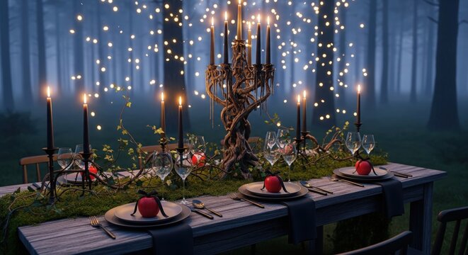 A magical and enchanted gothic dinner party table set in a forest of fireflies at night.