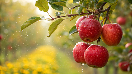Red Apple on tree with water drop in garden, Red Apples on tree in natural background