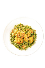 Sautéed Shrimp with Green Peas and Vegetables on White Plate - Healthy Seafood Dish