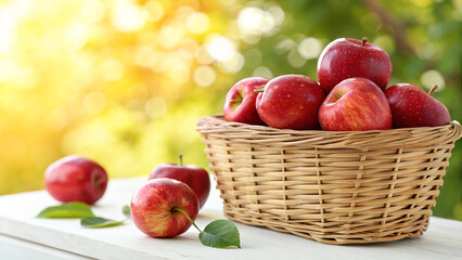 Red Apples in basket on white surface in natural warm sunlight background