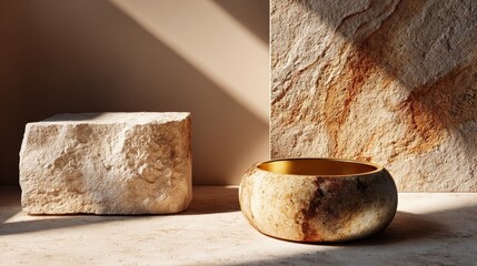 Minimalist luxury background with soft beige wall and smooth round pedestal in natural warm light, elegant shadows creating calm and sophisticated scene for wellness or jewelry product display.