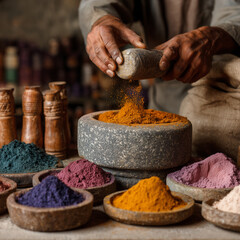 Folk artisans preparing natural dye ingredients.