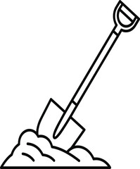 Shovel digging into soil line art illustration for gardening, construction, agriculture, landscaping, outdoor work, excavation, and manual labor themes