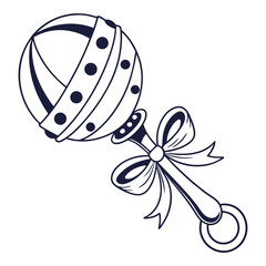 A classic baby rattle with a ribbon and dots