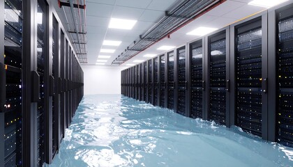Server room submerged in rising floodwater