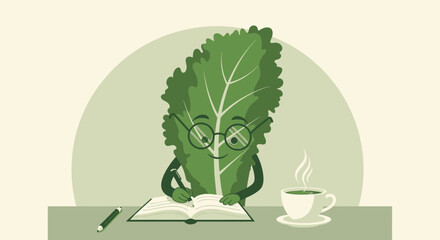 Leafy Author With Glasses Writing in A Book While Drinking Coffee