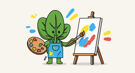 Leafy Artist Painting Vibrant Colors on Canvas in Delightful Cartoon Illustration