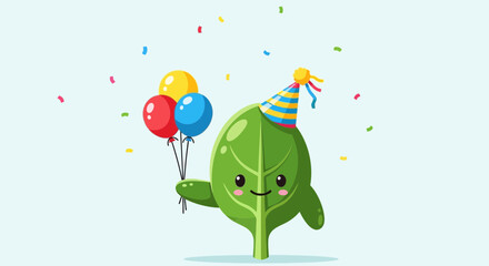 Leafy Celebration: Artistic Illustration Of A Cute Leaf Character Celebrating With Balloons