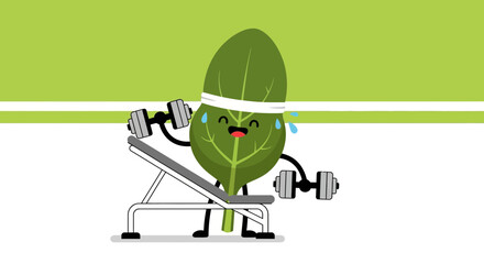 Leafy Character Bench Pressing Weights Showing Healthy Lifestyle On Green Background
