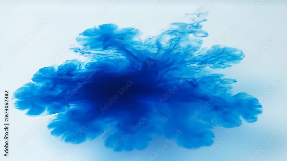 Poster vibrant blue ink dispersing in water, creating a dynamic and abstract visual effect.