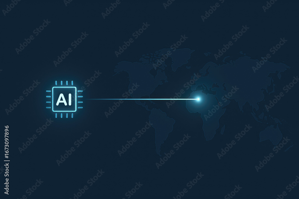 Poster ai chip linked to a bright spot on a world map artificial intelligence processor