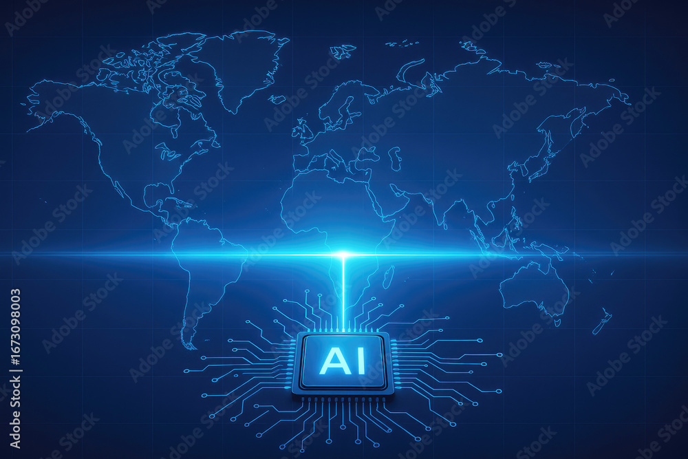 Poster ai processor with blue light beam connecting to world map keywords: ai, artificial intelligence, tec