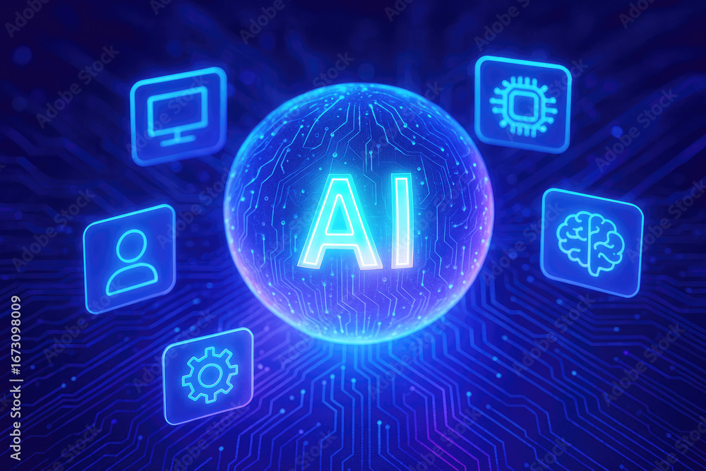Poster ai sphere with digital icons of computer, processor, brain, and gear on circuit board artificial int