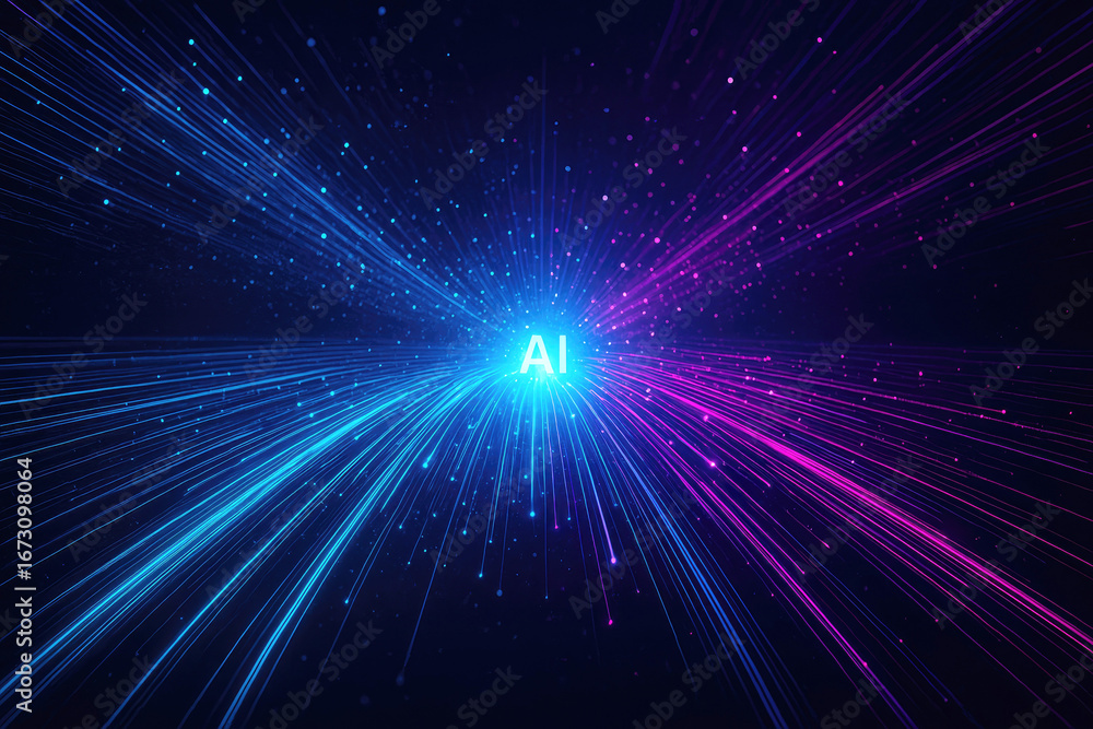 Poster ai text surrounded by exploding blue and pink light streaks artificial intelligence technology
