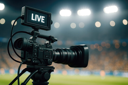 Broadcast video camera with aLIVE screen on a tripod in a stadium at night with bright stadium lights and blurred audience