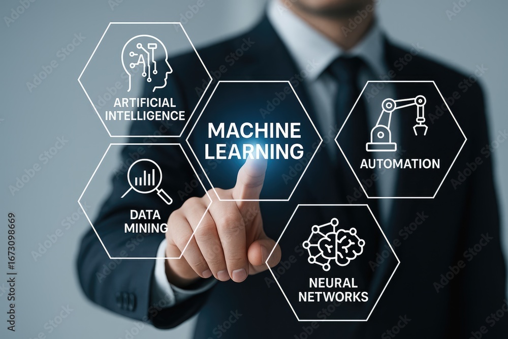 Poster businessman touching machine learning icons on digital interface screen