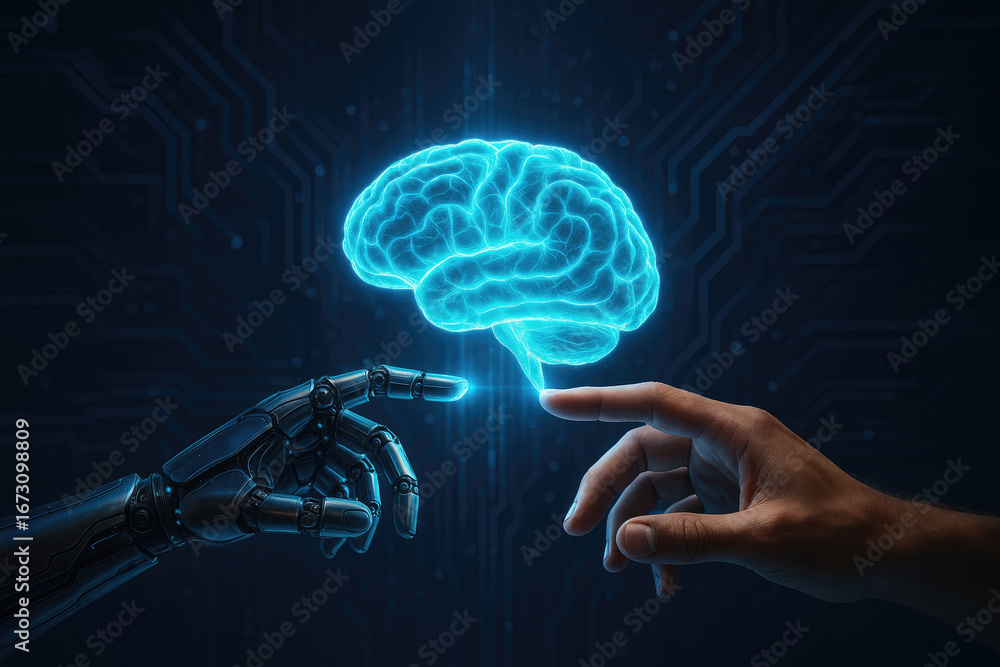Poster close-up of human and robot hands touching a glowing blue brain with digital circuits in the backgro