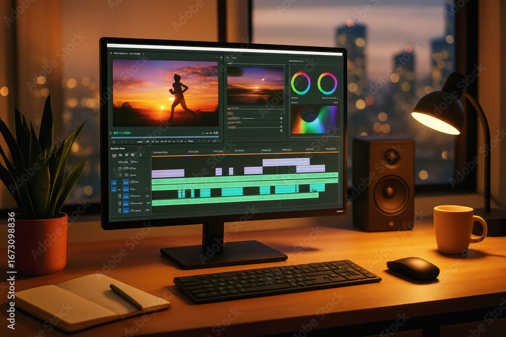 Poster computer desk with video editing software and city view at dusk monitor