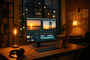 Computer Monitor Displaying Video Editing Software with Sunset and Skater Keywords: computer, monitor, desk, video editing, software, timeline, sunset, ocean, skater, skateboarding, action, sport