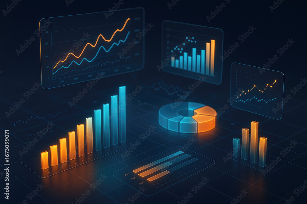 Poster digital data visualization with glowing bar charts line graphs and pie charts image photo