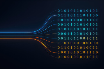 Digital data stream transforming into binary code sequences on a dark background technology computer