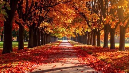 Pathway in a park covered with red and yellow autumn leaves, trees forming a tunnel