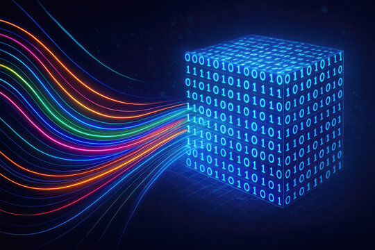 Digital cube made of binary code with colorful light streams flowing into it data technology