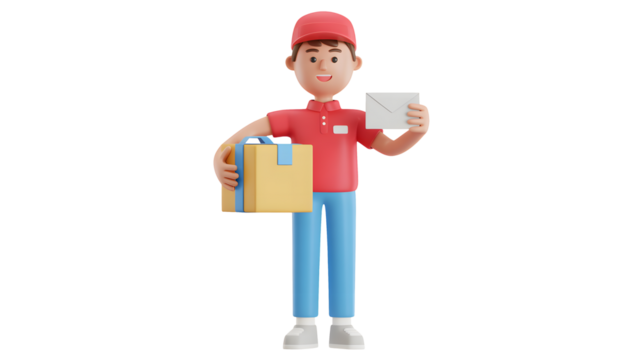 Delivery man brings package and letter with a friendly smile today