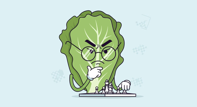 Lettuce Character Mastering Chess Strategy With Determined Focus And Intellectual Prowess