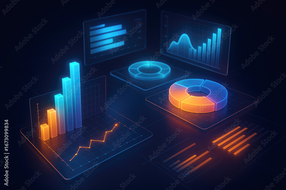 Poster futuristic data analytics display with glowing charts and graphs visualization digital